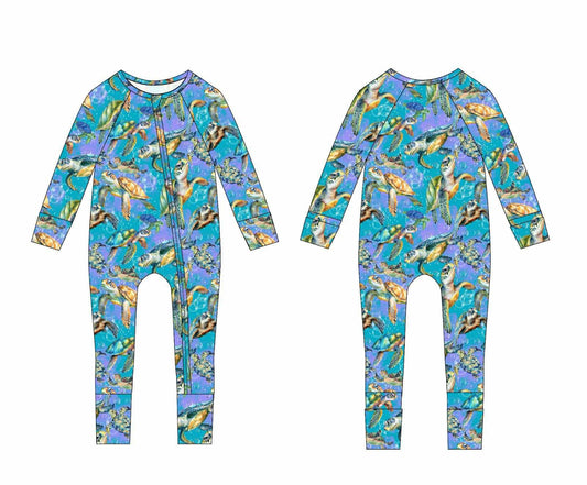 “Turtles” Bamboo Zip Up Pajamas PREORDER